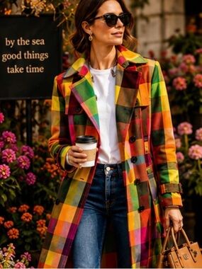 Rainbow Plaid Trench Coat Colorful Statement Belted Size S Boden Style